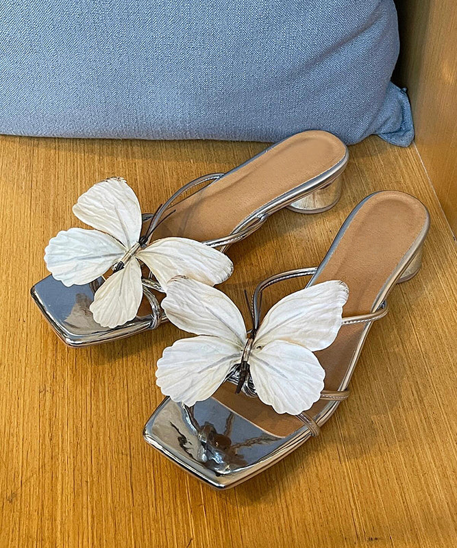 Leather Blue Faux Slide Sandals Splicing Stylish Chunky Butterfly