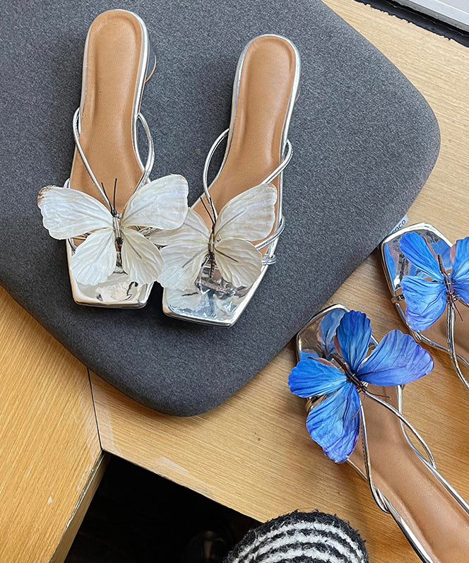Leather Blue Faux Slide Sandals Splicing Stylish Chunky Butterfly