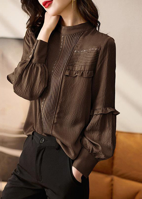 Chemise patchwork à volants et col rond chocolat élégante, printemps TE027