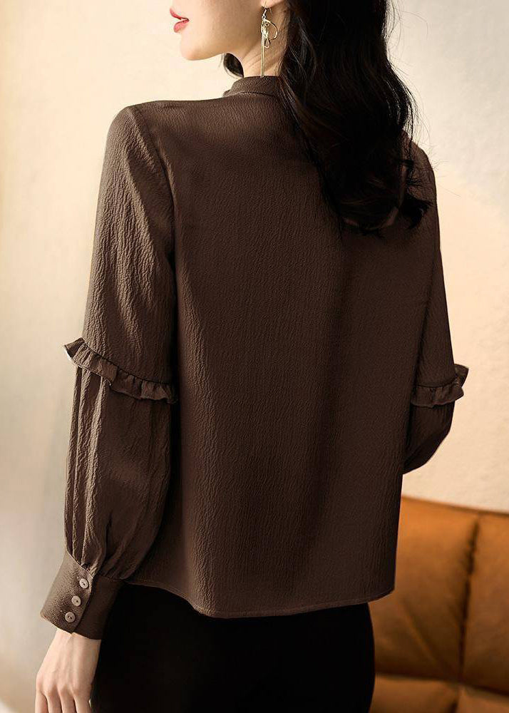 Chemise patchwork à volants et col rond chocolat élégante, printemps TE027
