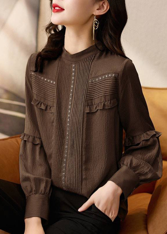 Chemise patchwork à volants et col rond chocolat élégante, printemps TE027