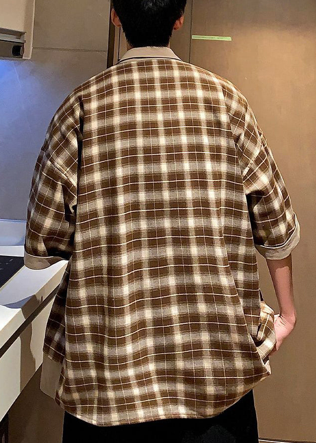 Chemises d'été en coton à carreaux pour hommes, élégantes et boutonnées, couleur café