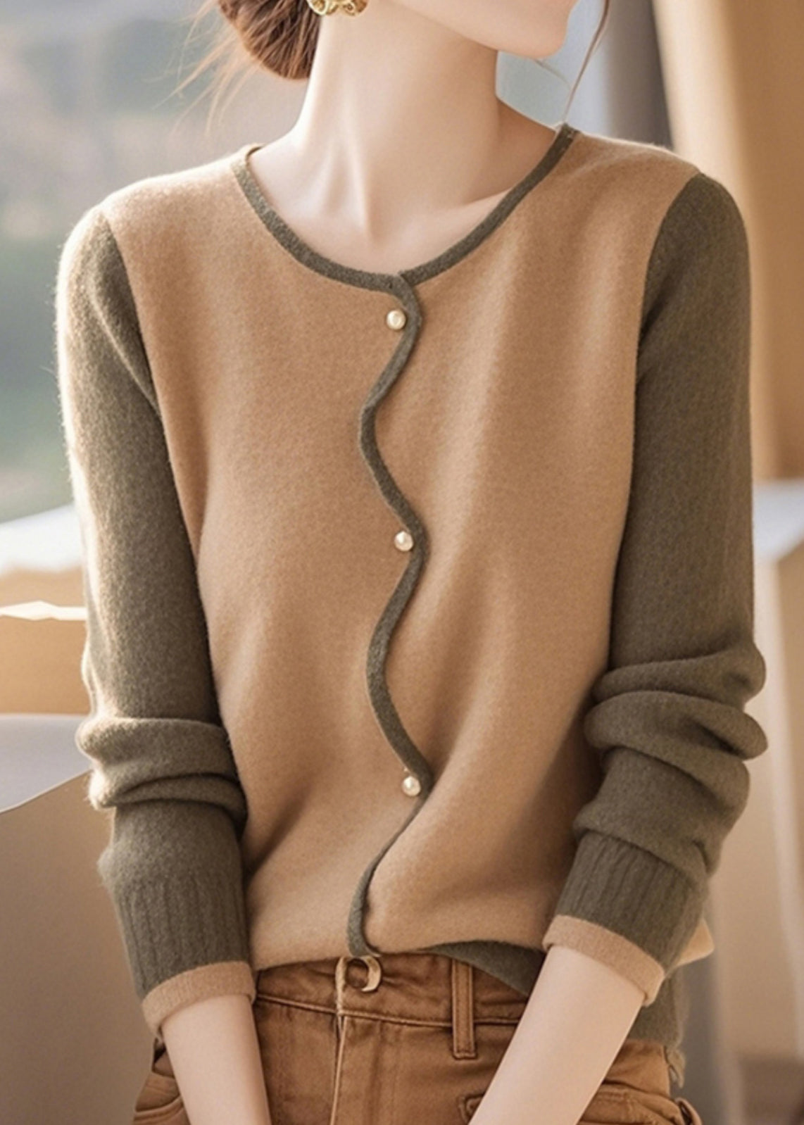 Stilvolle Colorblock O Neck Button Woll-Cardigans Frühling TO044