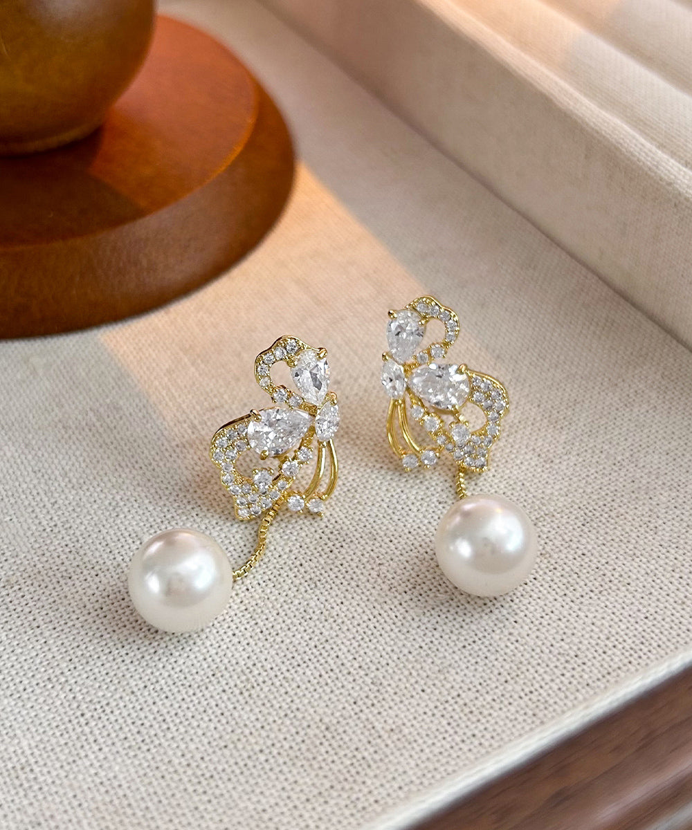 Stylish Gold Sterling Silver Overgild Zircon Butterfly Pearl Drop Earrings YX019