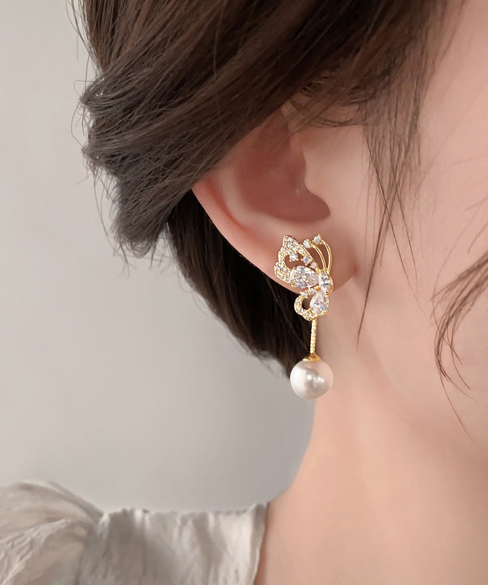 Stylish Gold Sterling Silver Overgild Zircon Butterfly Pearl Drop Earrings YX019