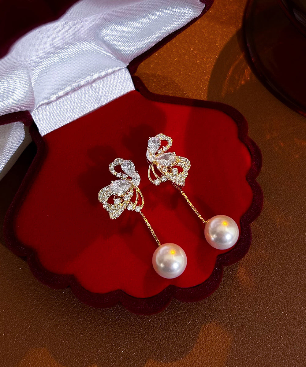 Stylish Gold Sterling Silver Overgild Zircon Butterfly Pearl Drop Earrings YX019