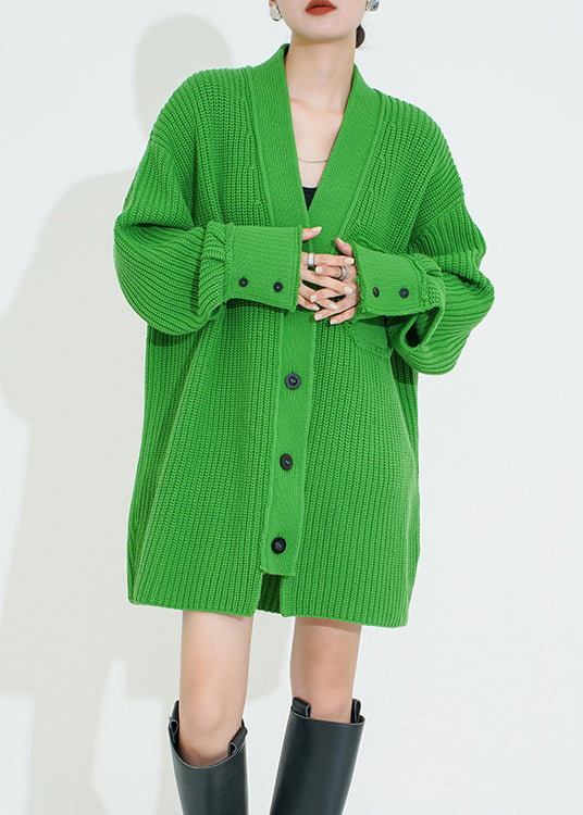 Cardigan élégant en laine vert à col en V et boutons patchwork, automne WN038