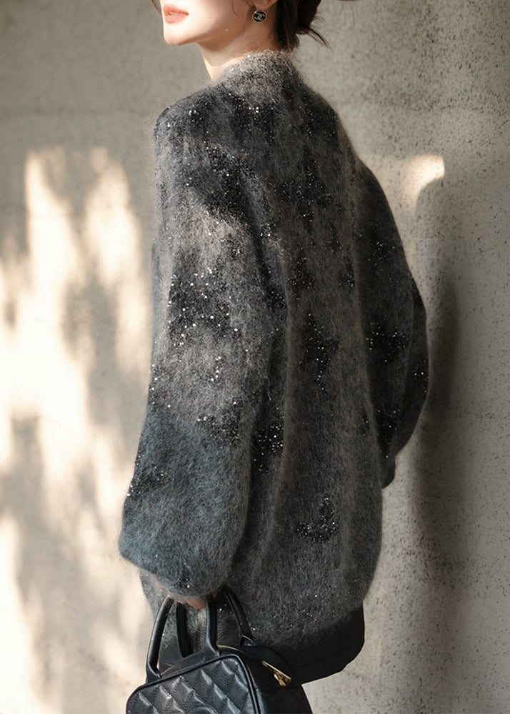 Pull élégant en tricot à paillettes et col rond gris, printemps YY023