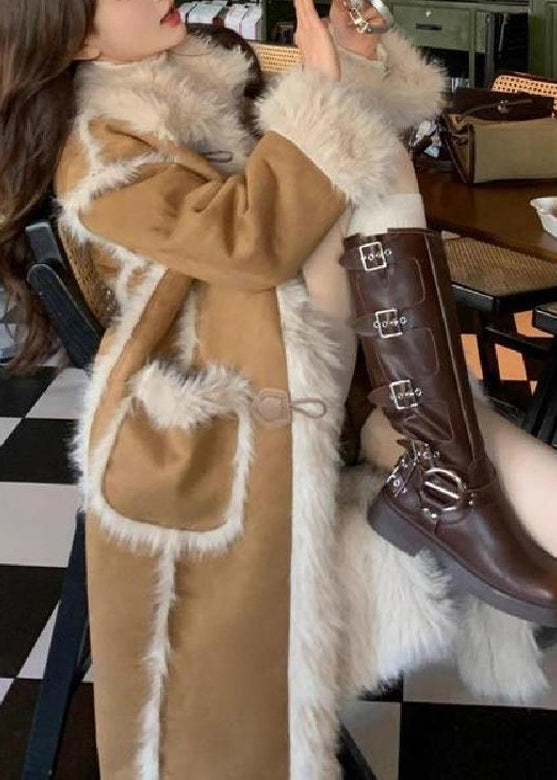 Manteau d'hiver en polaire chaude avec poches kaki et patchwork de cuir et de fourrure YY011