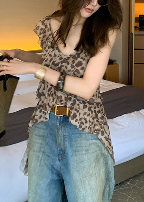 Ruffled Asymmetrical Sleeveless Top Tulle Stylish Leopard