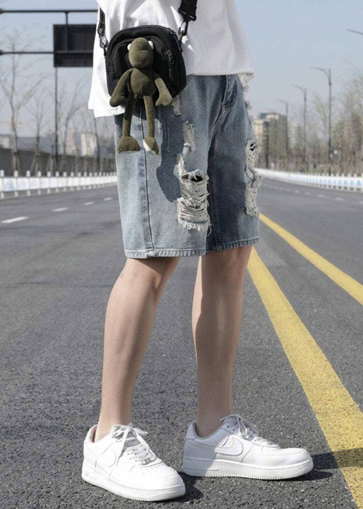 Short en jean bleu clair taille haute pour homme, élégant, troué, été, YL029