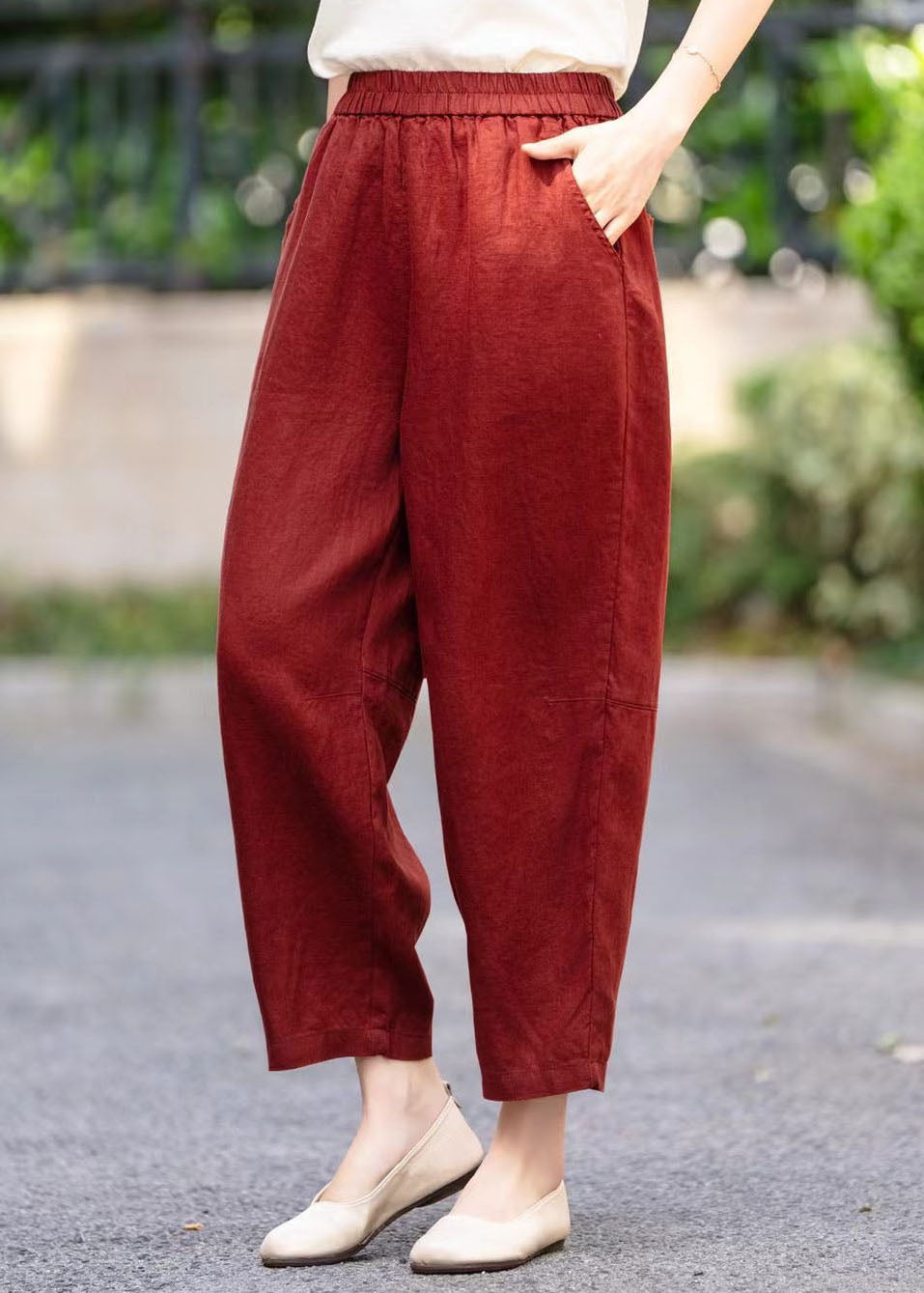 Linen Elastic Waist Stylish Pockets Summer Pants Mulberry Harem