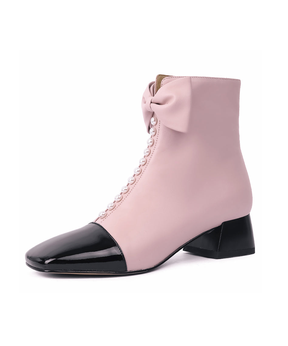 Bottes épaisses élégantes avec nœud rose et perles à ongles QK062