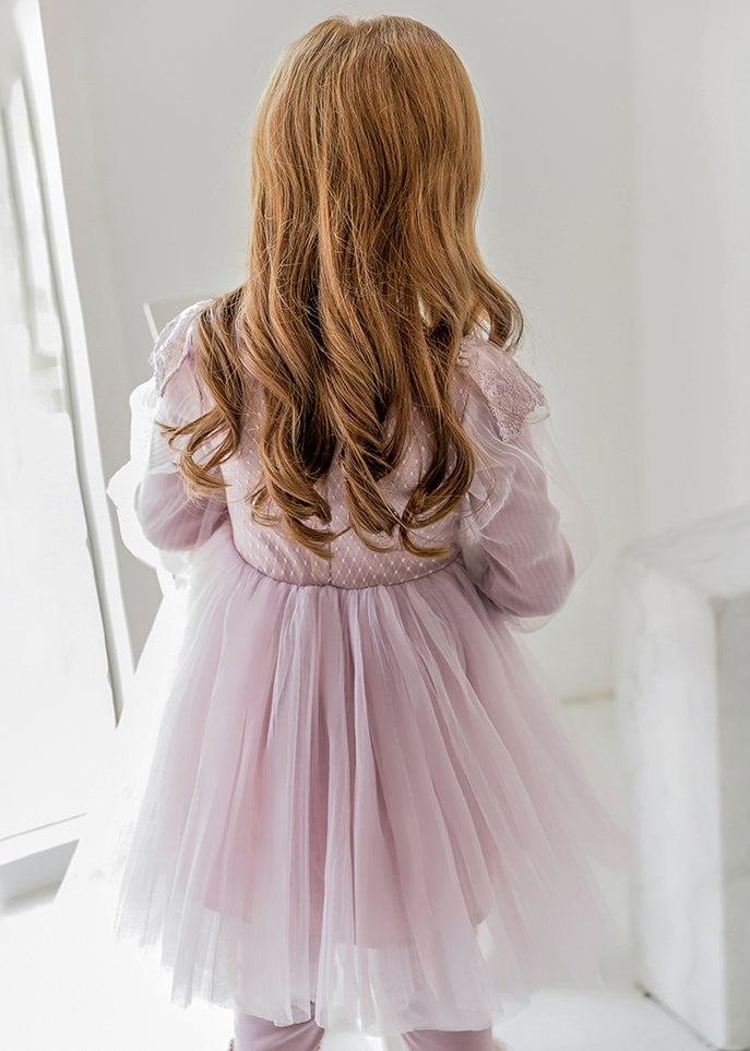 Robe longue élégante en tulle violet à col rond et manches lanternes pour filles, YE022