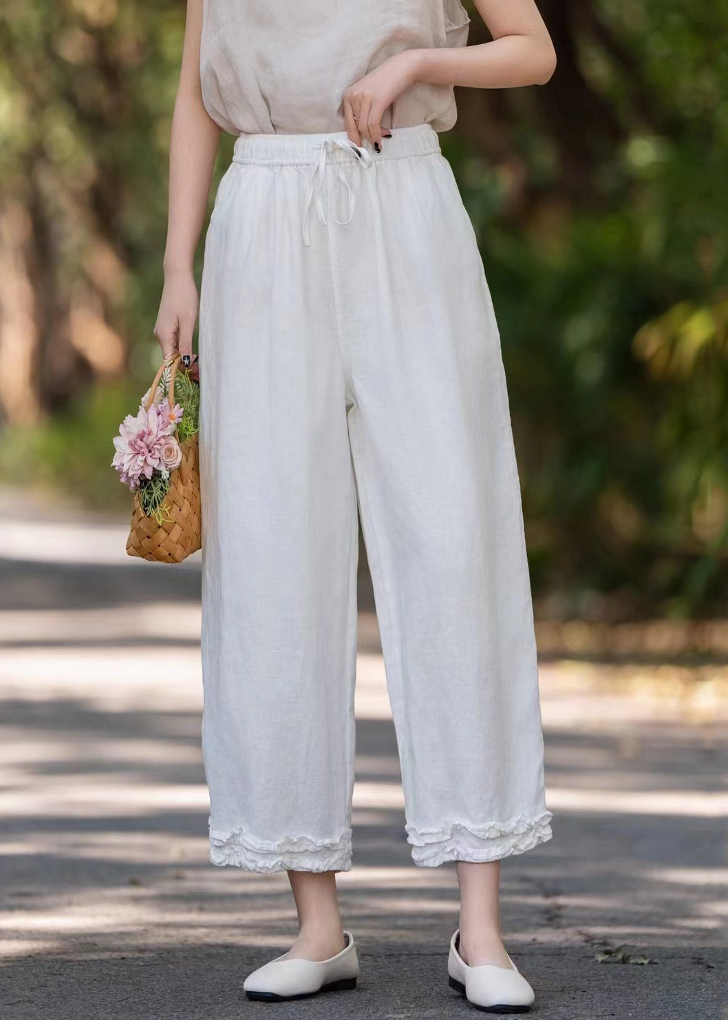 Pantalon large en lin violet uni avec poches et volants