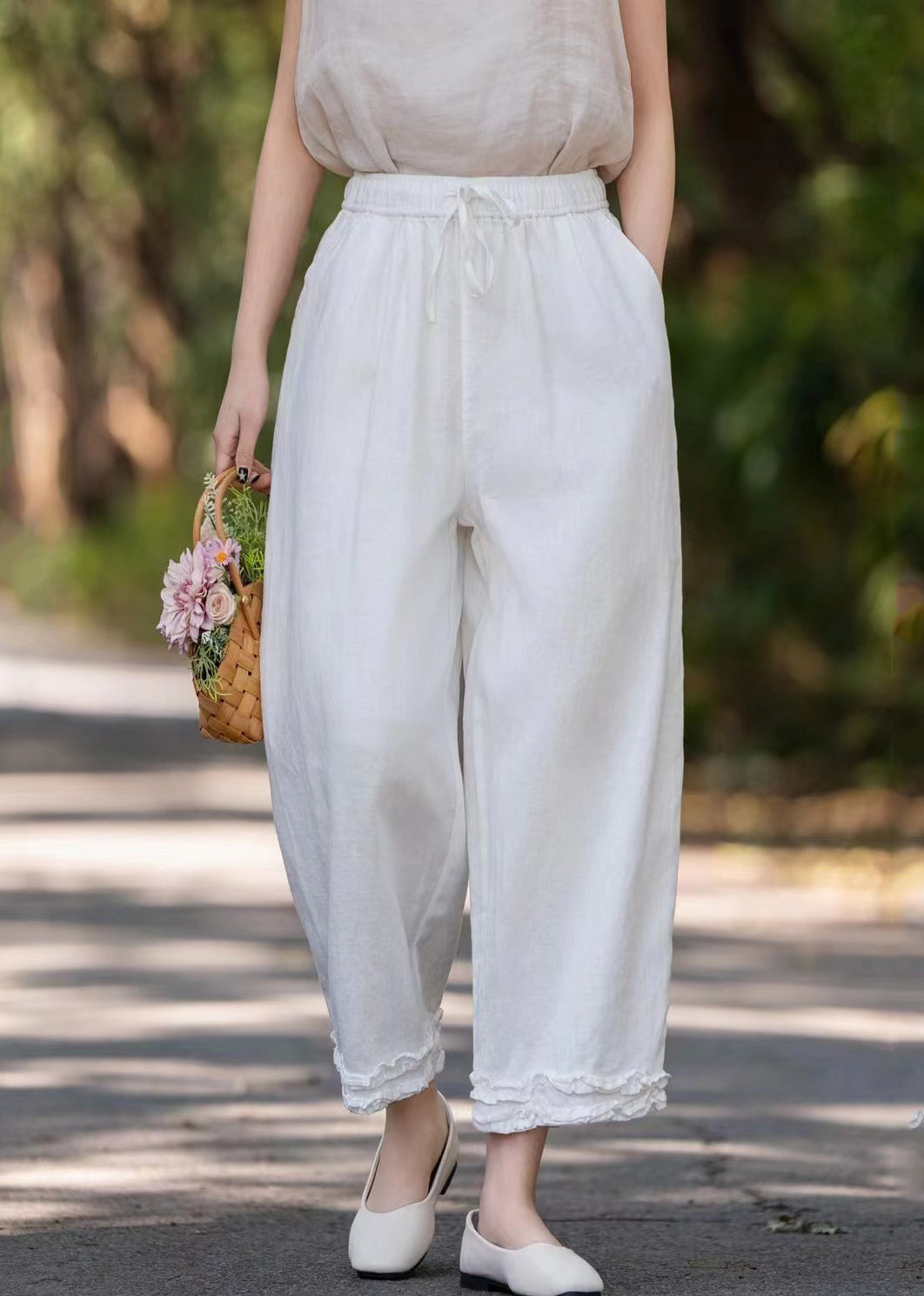 Pantalon large en lin violet uni avec poches et volants