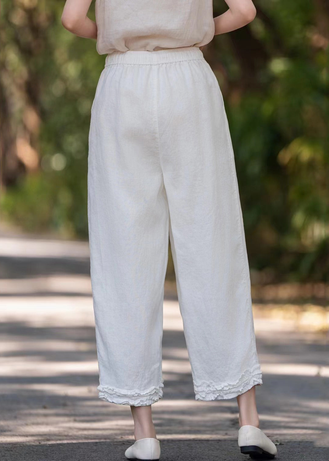 Pantalon large en lin violet uni avec poches et volants