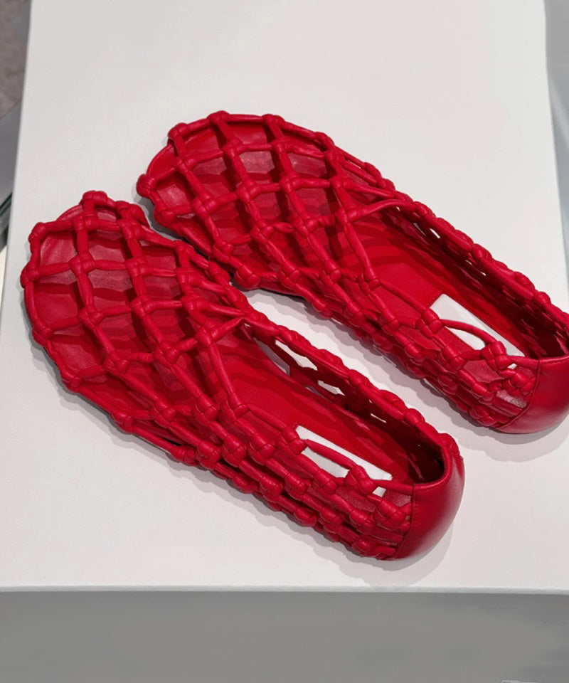 Stylish Walking Sandals Hollow Cowhide Splicing Red Out Leather