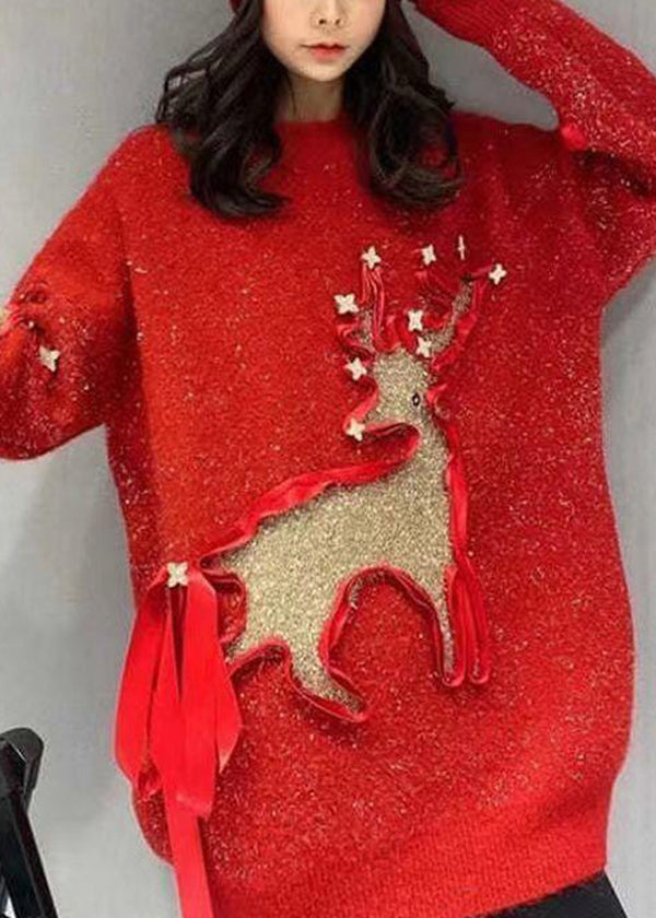 Pulls en tricot amples à col rond rouge élégants, printemps TN019