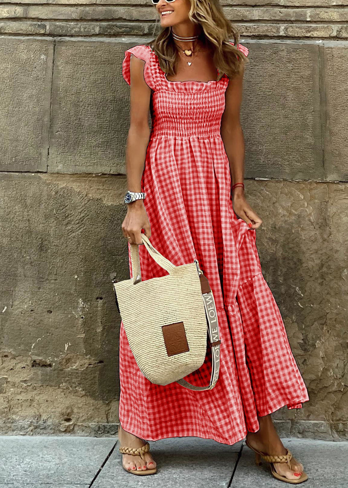 Robe élégante en coton à carreaux rouges sans manches TL007