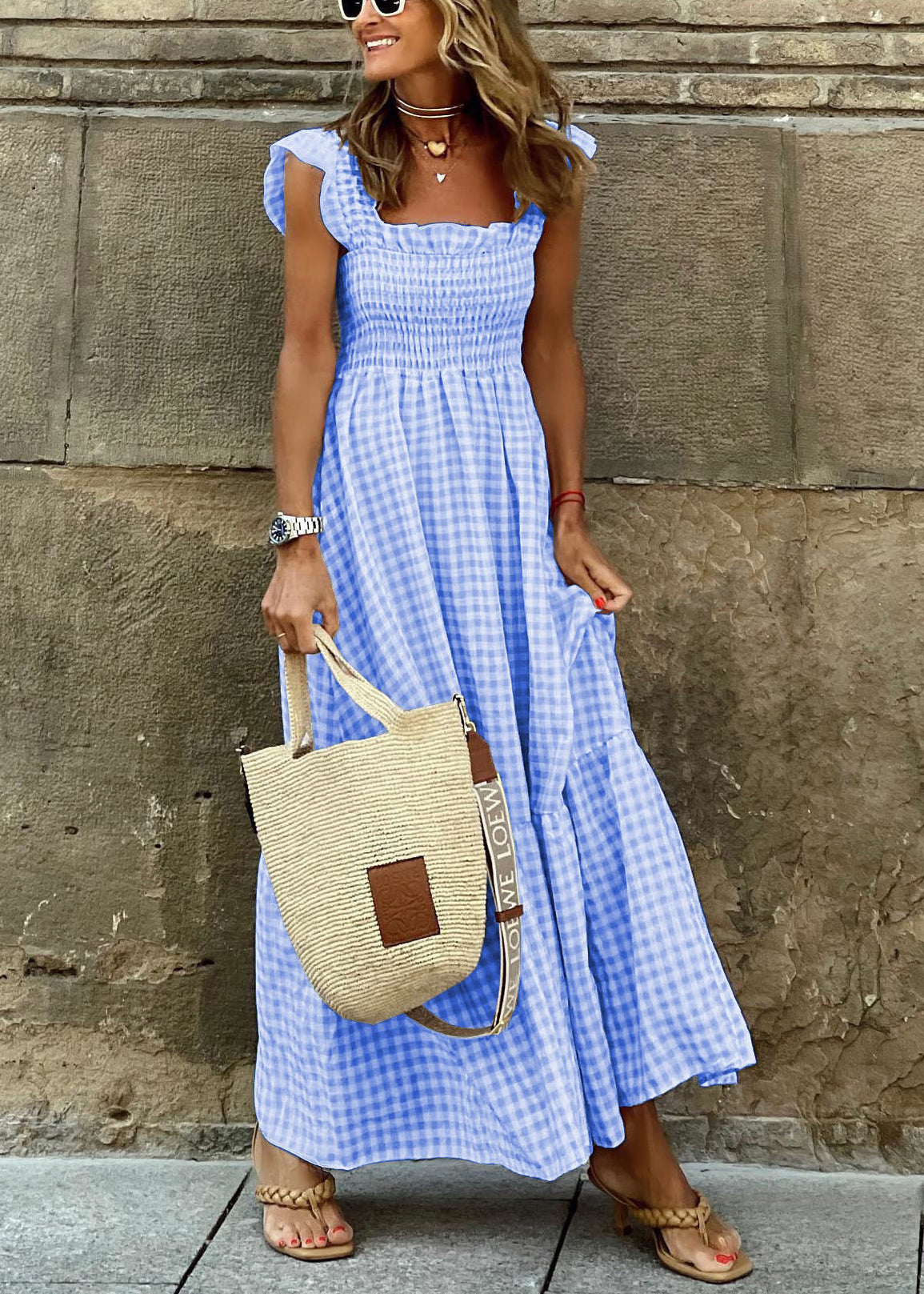 Robe élégante en coton à carreaux rouges sans manches TL007