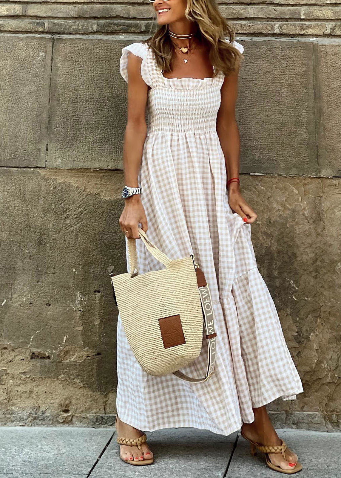 Robe élégante en coton à carreaux rouges sans manches TL007