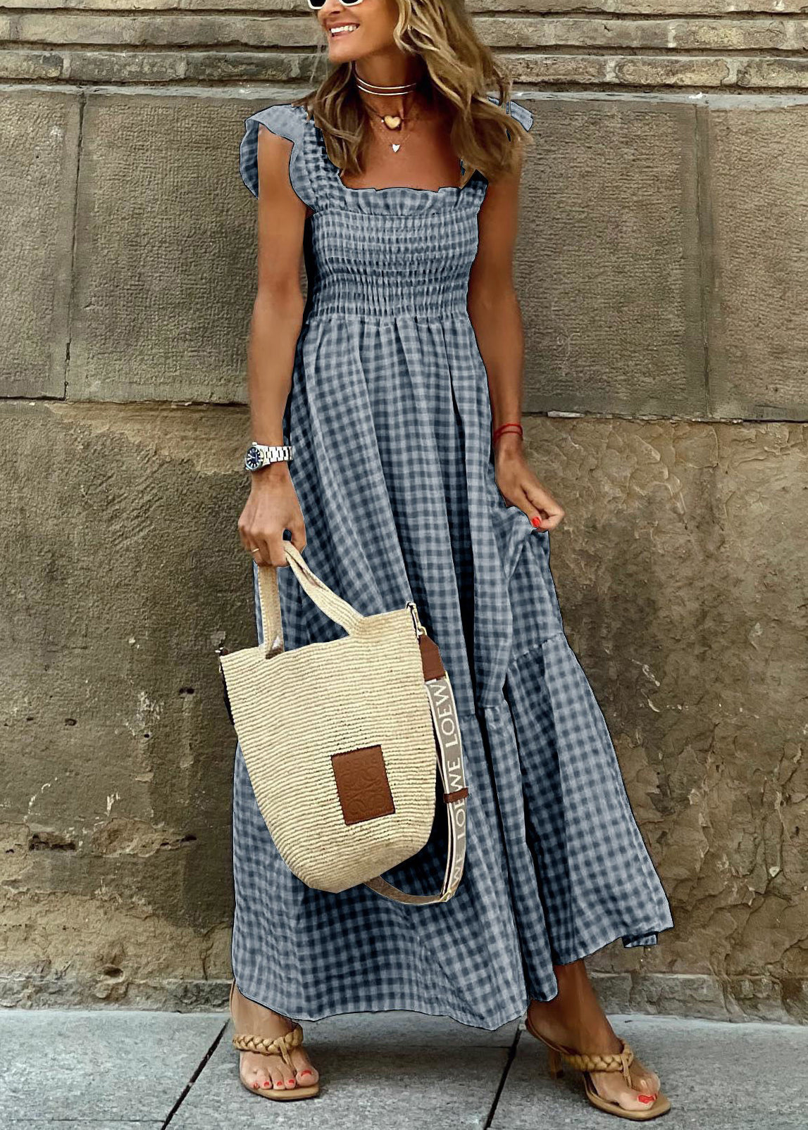 Robe élégante en coton à carreaux rouges sans manches TL007