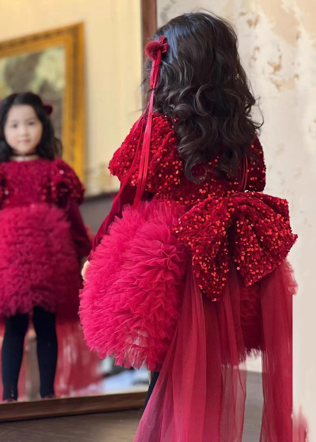 Robe longue élégante en velours de soie rouge et tulle à paillettes pour enfant, hiver RP031