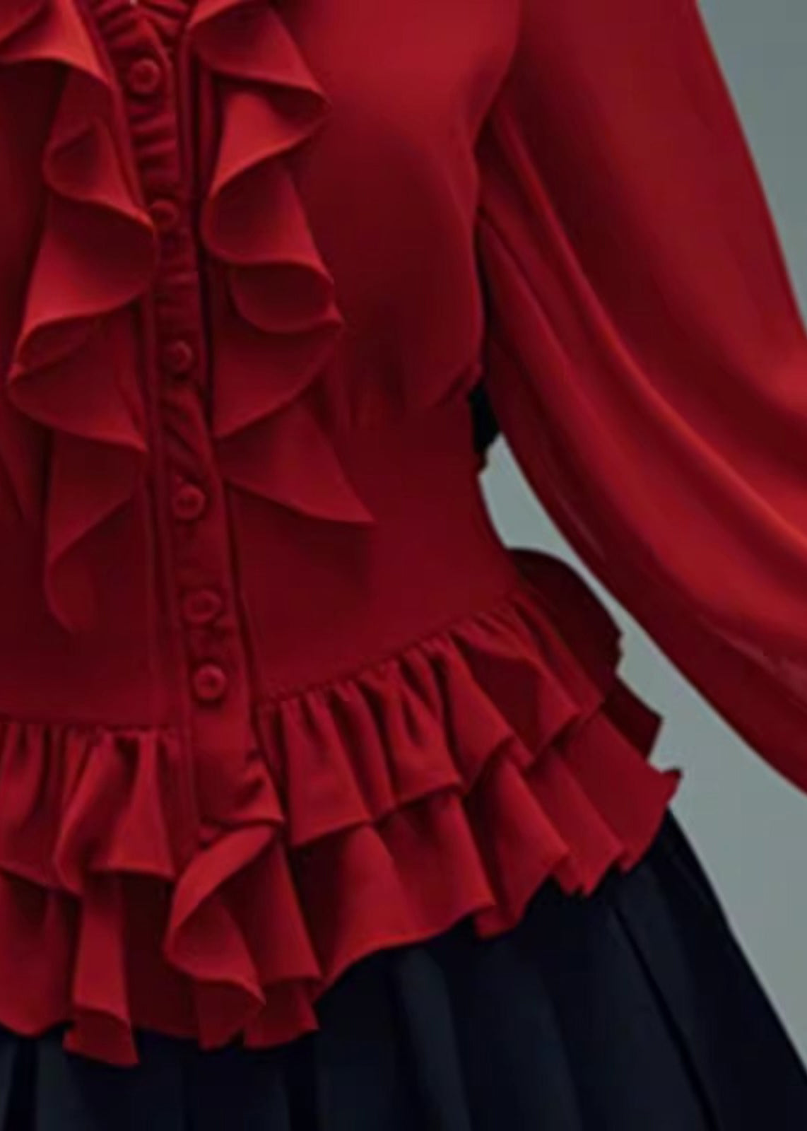 Stilvolle rote Bluse aus Baumwolle mit V-Ausschnitt und Rüschen und Knöpfen, Frühling, RL048