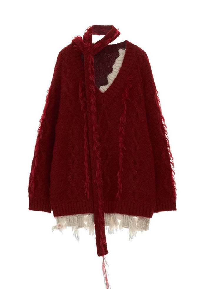 Pull tricoté rouge élégant à col en V et pompons, printemps TN022