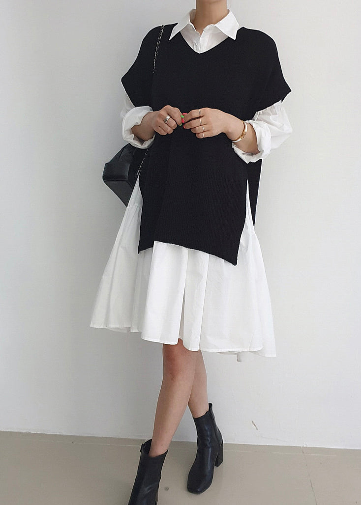 Ensemble deux pièces élégant avec gilet ouvert sur le côté et robe chemise, printemps TZ017