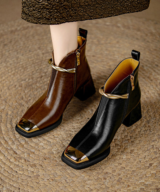 Stilvolle Splicing Chunky Heel Stiefel Schwarzes Rindsleder RX030