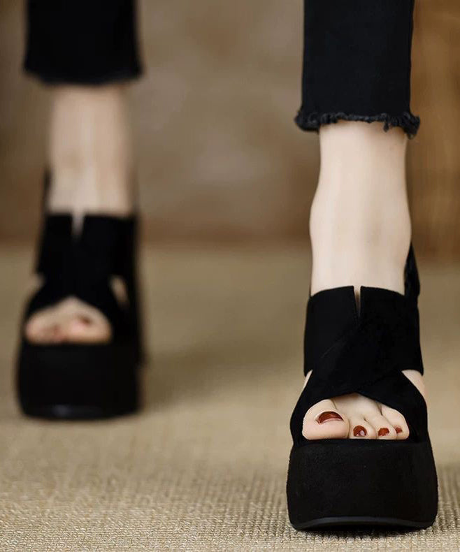 Heels Stylish Wedge Sandals Splicing Peep Black Toe Suede