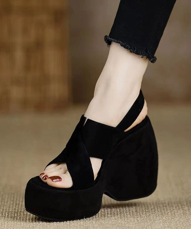 Heels Stylish Wedge Sandals Splicing Peep Black Toe Suede