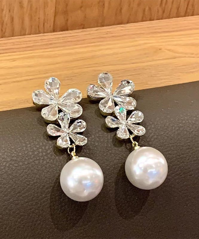White Zircon Copper Floral Drop Earrings Pearl Overgild Stylish