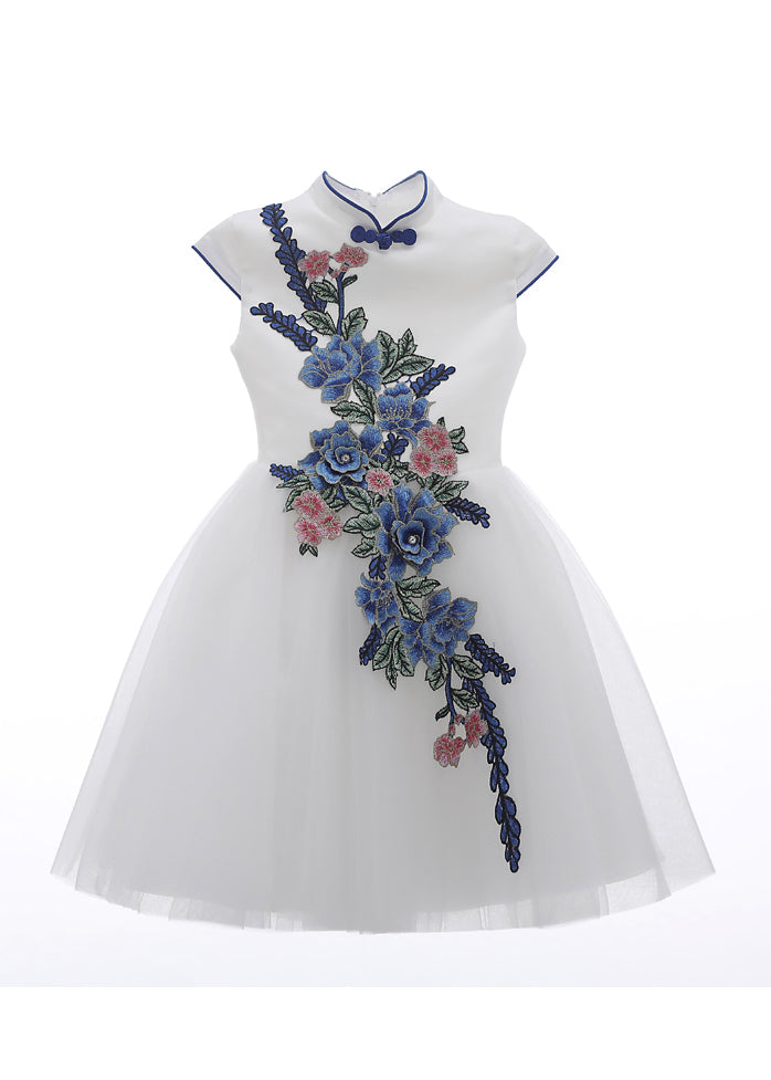 Lange bestickte Mädchen weißes Kleid Sommer Knopf Tüll stilvoll