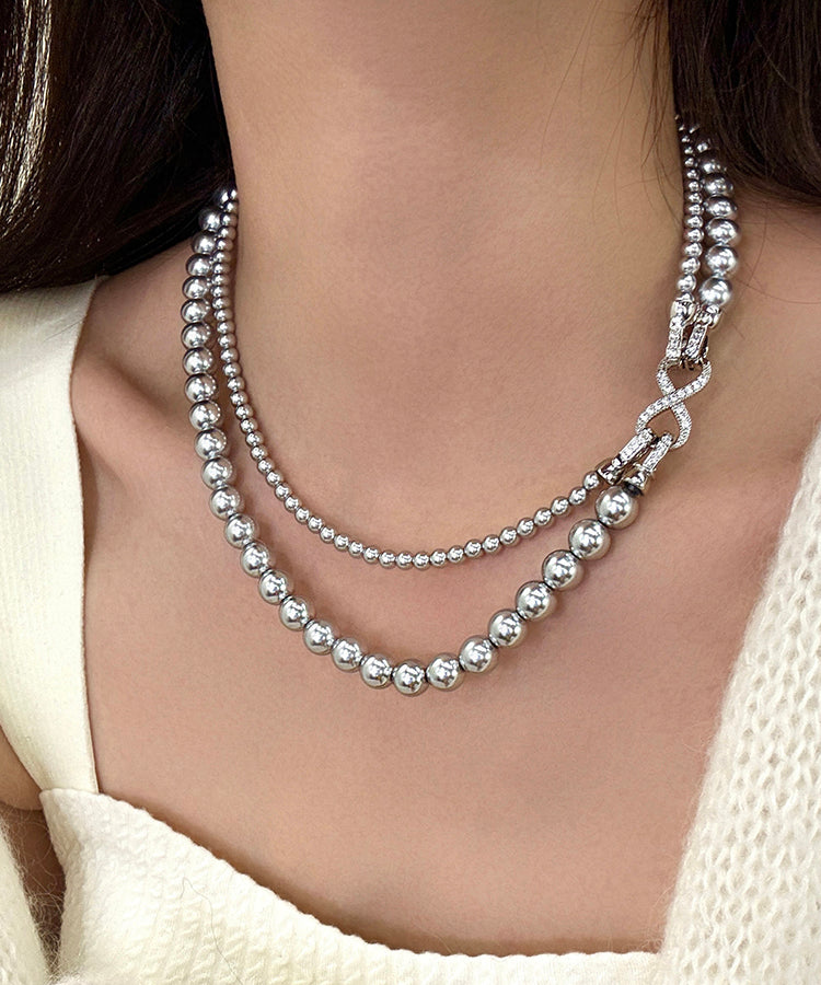 Collier élégant en alliage de métal blanc à double couche de perles ET011