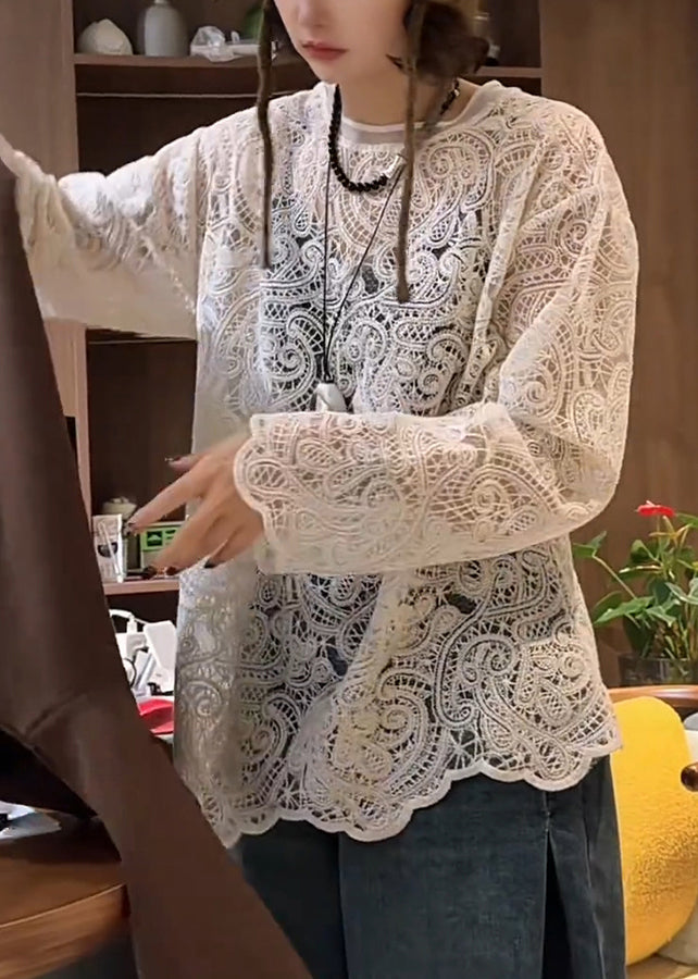 T-shirt col rond printemps creux blanc en dentelle élégant