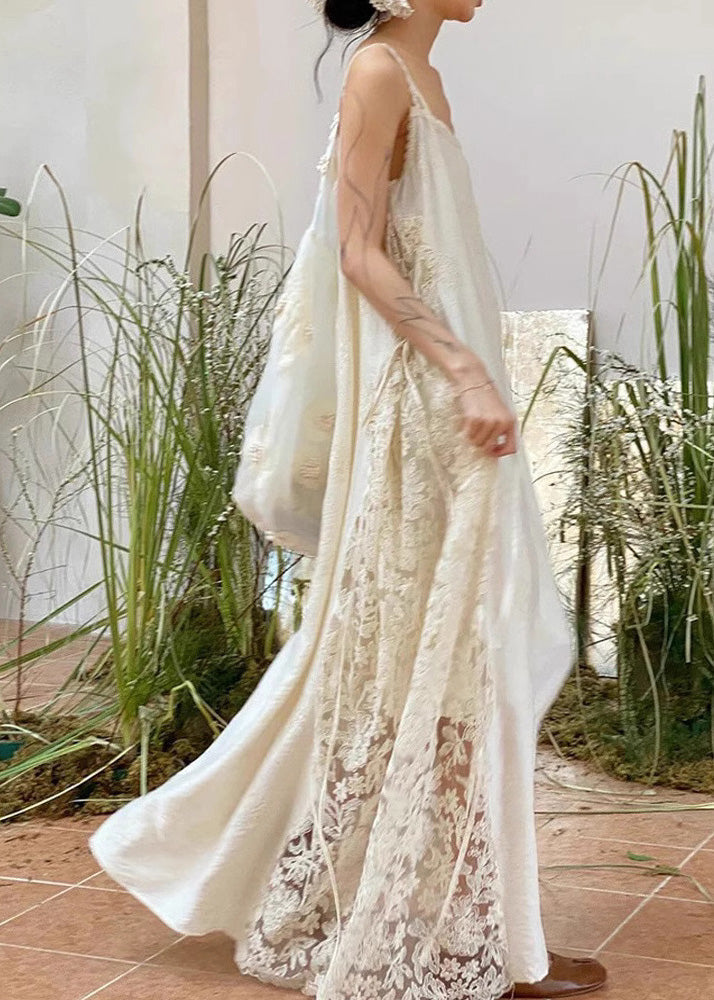 Patchwork Spitze Spaghetti Übergroßes Kleid Träger Weiß Stilvoll