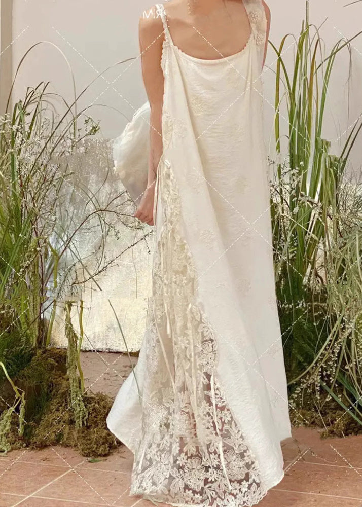 Patchwork Spitze Spaghetti Übergroßes Kleid Träger Weiß Stilvoll