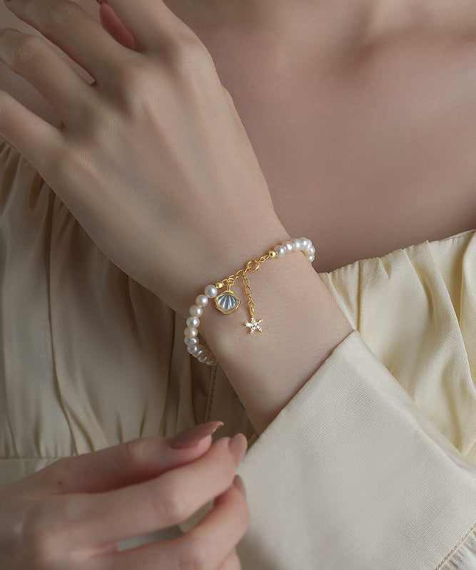 Bracelet élégant en argent sterling blanc, perle, coquillage, étoile de mer, pampille, collier en argent sterling et soie fine, gypsophile, argent cassé, ET003