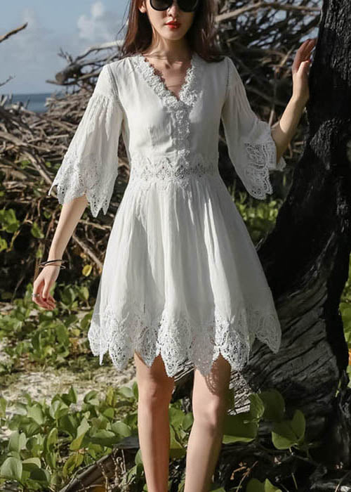 Mid Patchwork Stilvolles Halbkleid Halsausschnitt Spitze Ärmel Weiß V