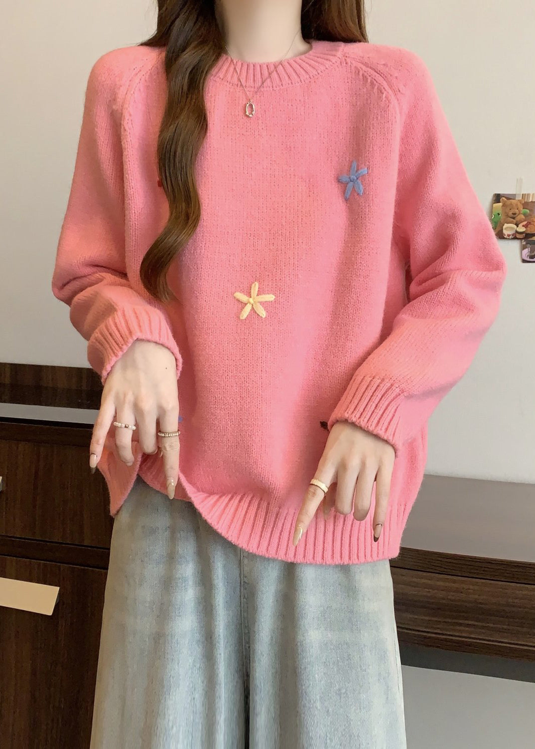 Pulls en tricot épais à col rond jaune élégants et floraux pour l'hiver RG038