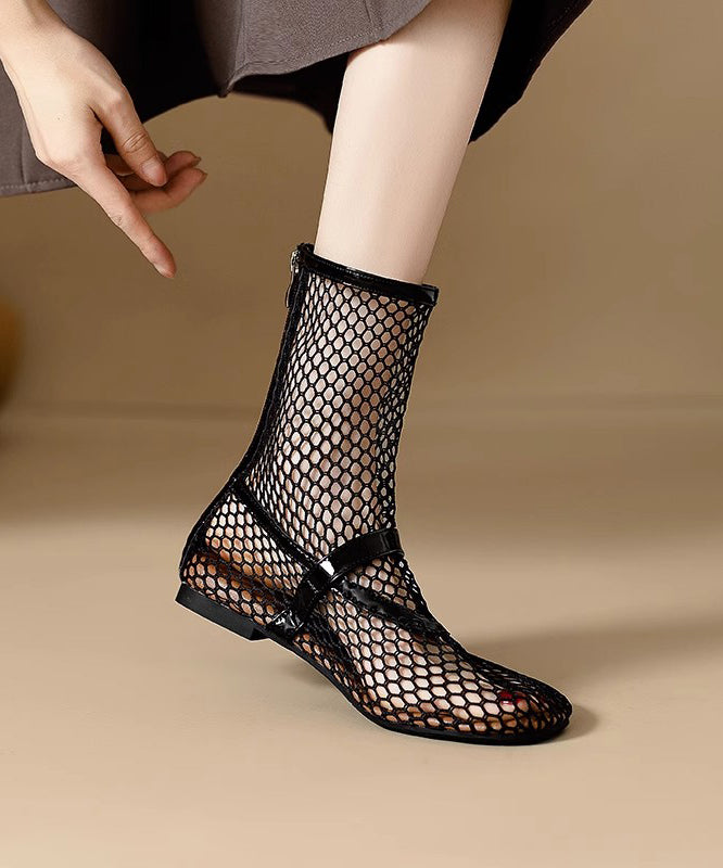 Breathable Zippered Boots Splicing Mesh Stylish Out Hollow Black