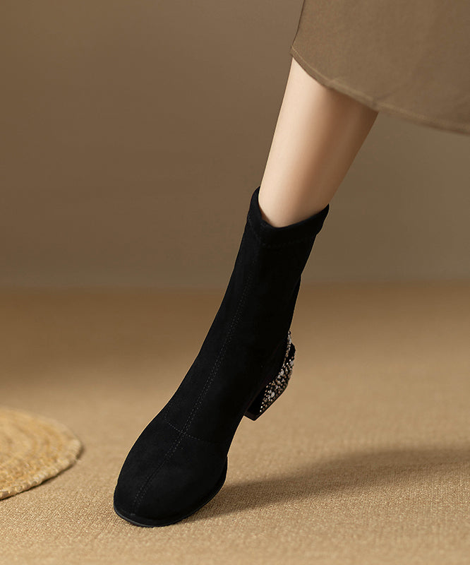 Bottes épaisses élégantes en daim noir avec épissure de zircon QK052