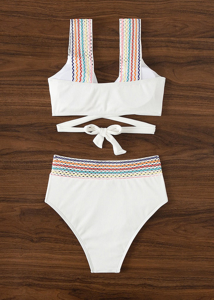 Maillot de bain deux pièces dos nu en patchwork blanc tendance VC063