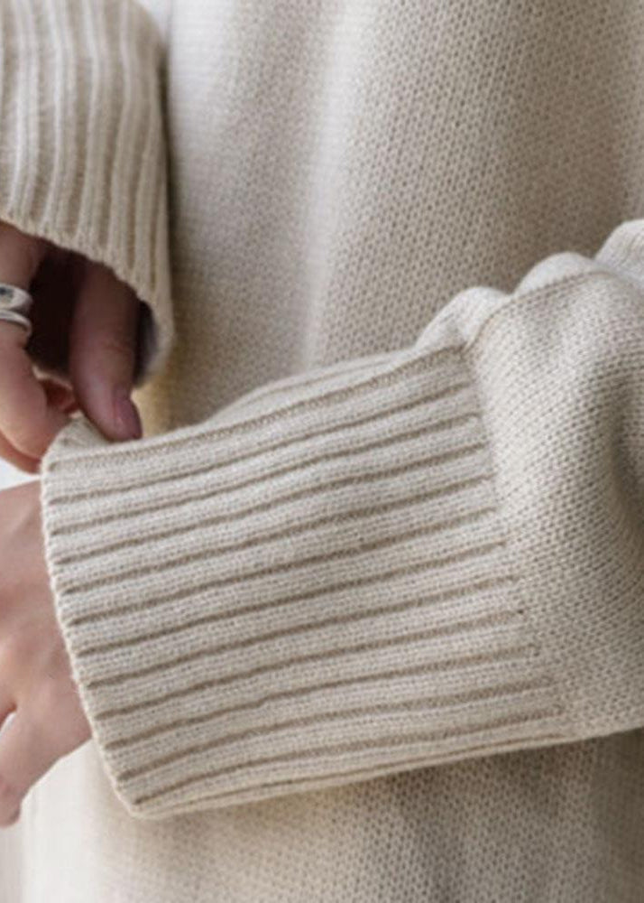 Einzigartiges Apricot Hign Neck Patchwork Strickpullover Kleid Herbst WE030