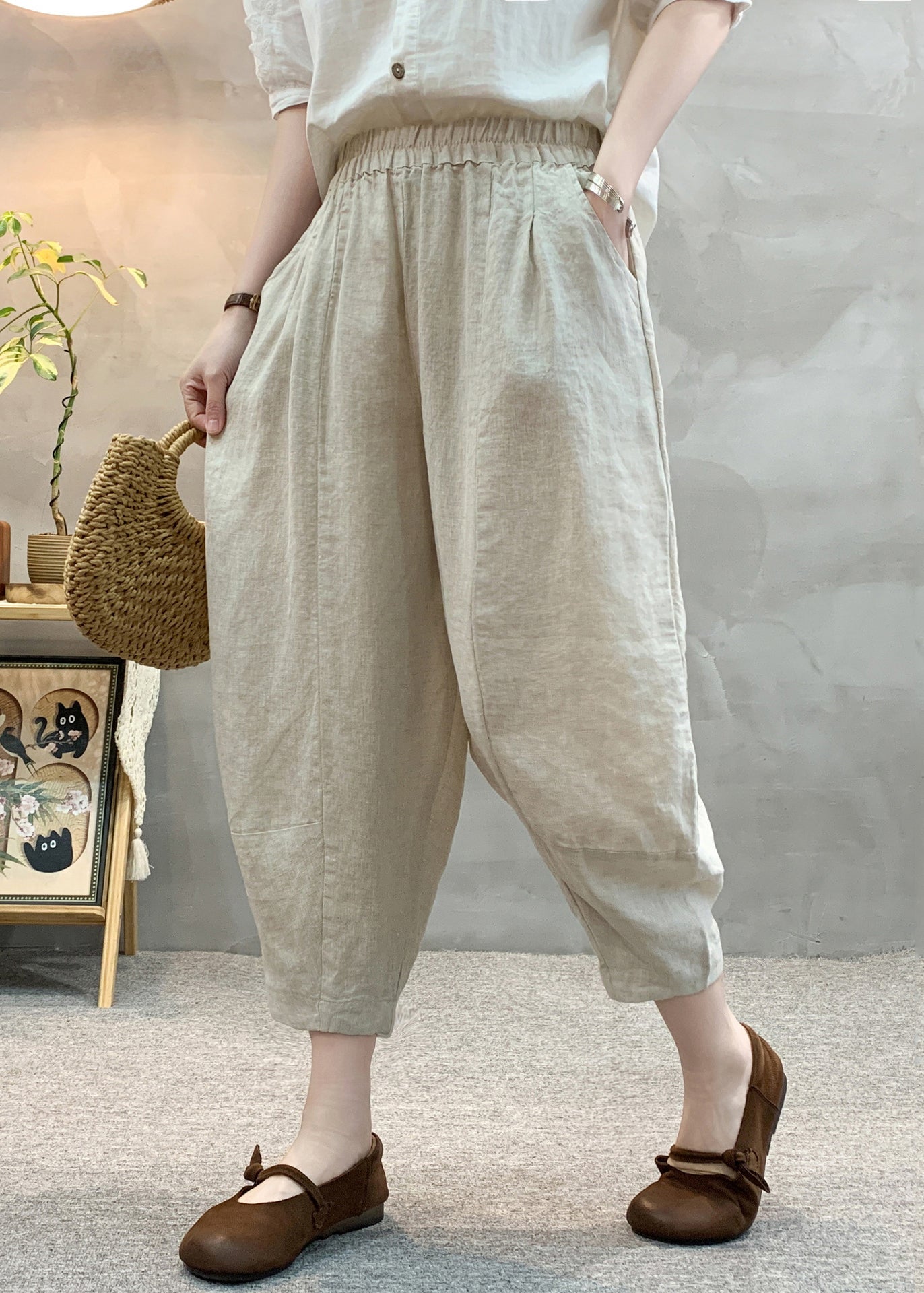 Oversized Crop Sommer Apricot Unikat Hose Leinen