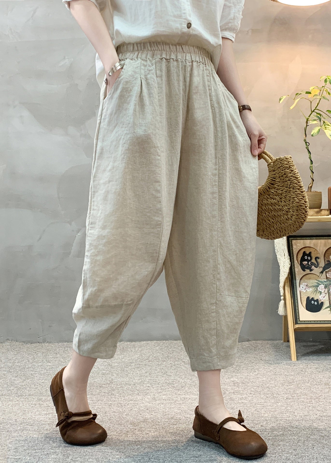 Oversized Crop Sommer Apricot Unikat Hose Leinen