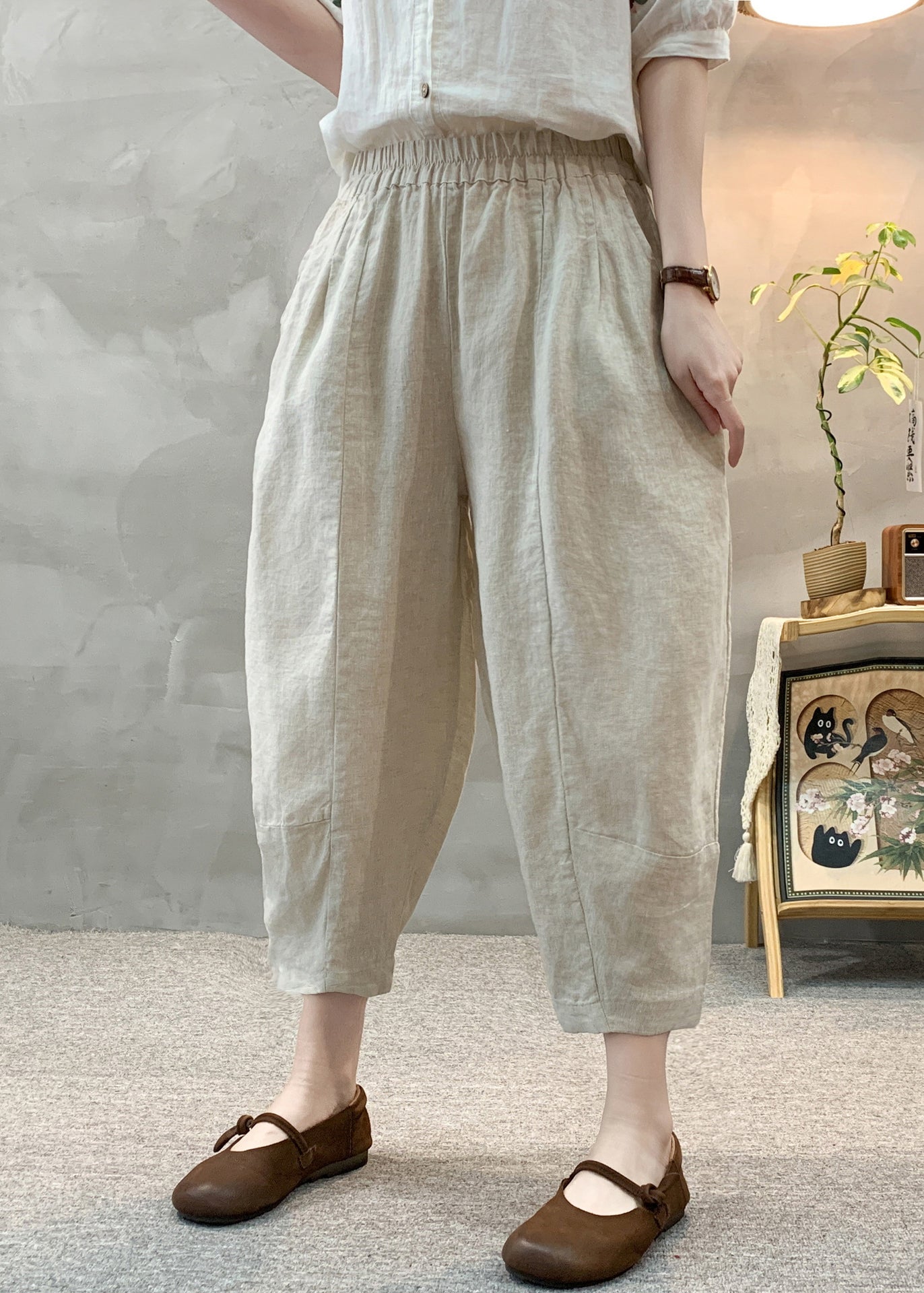 Oversized Crop Sommer Apricot Unikat Hose Leinen